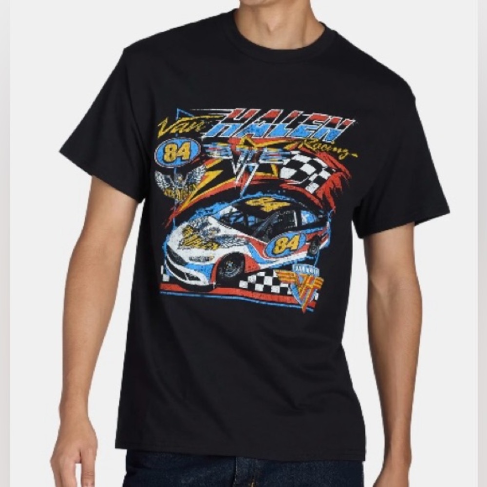 New VAN HALEN 84 Racing Car Black Graphic TEE Short Sleeve Mens Size S Cotton